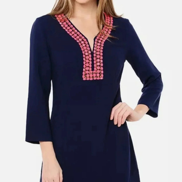 Lilly Pulitzer "Bennett" navy coral lined fitted dress with beaded neckline - Picture 10 of 10